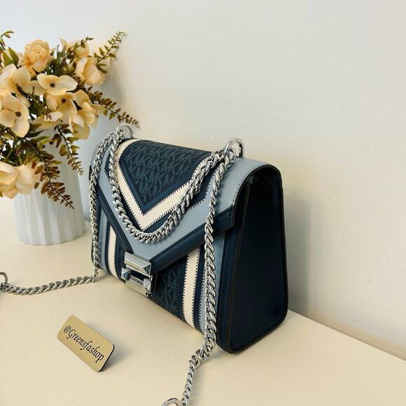 Michael Kors Whitney Medium Flap Chain Crossbody Shoulder Bag Navy Multi - Picture 3 of 11
